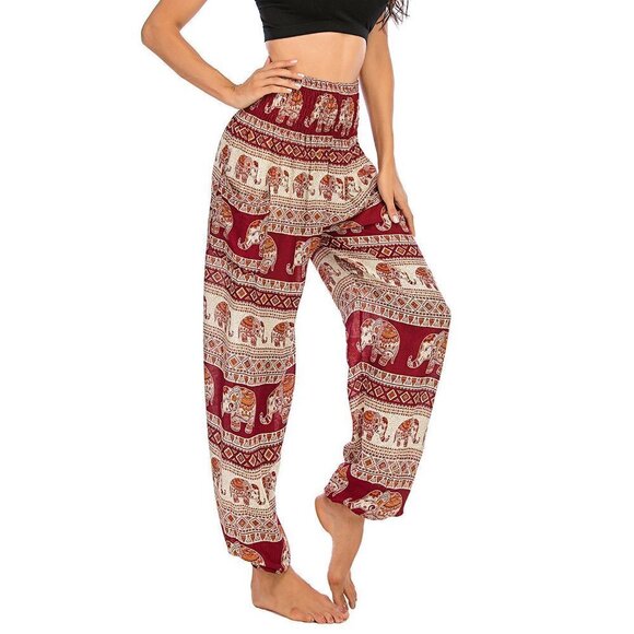 Angkor Burgundy Elephant Pants Flowy Boho Pants Size Small - Picture 1 of 12
